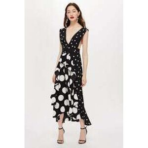 Topshop NEW Black White Polka Dot Ruffle Maxi Dress SZ 6 Deep V Neck Wedding
